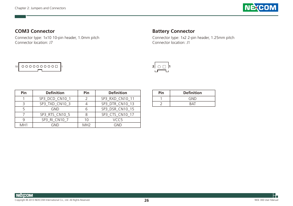 Com3 connector, Battery connector, Com3 connector battery connector | NEXCOM NISE 300 User Manual | Page 40 / 95