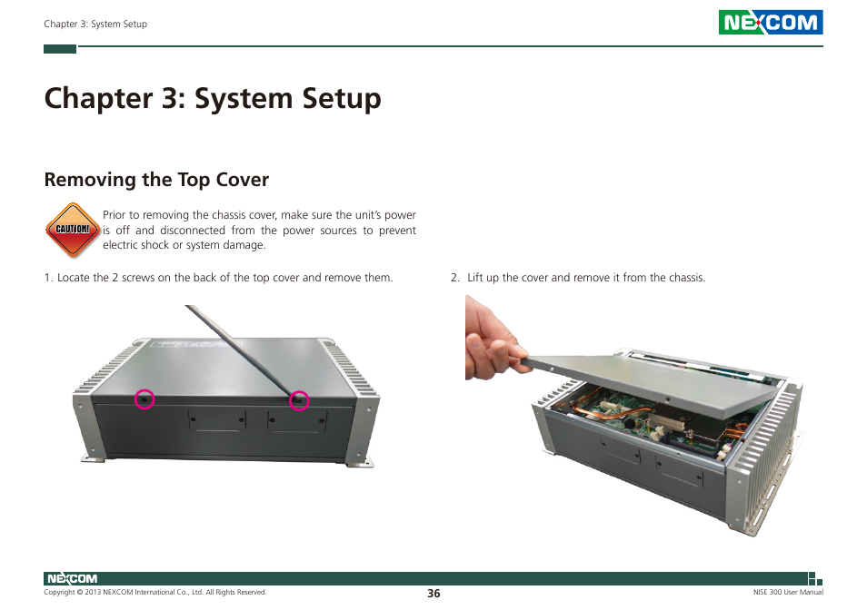 Chapter 3: system setup, Removing the top cover | NEXCOM NISE 300 User Manual | Page 50 / 95