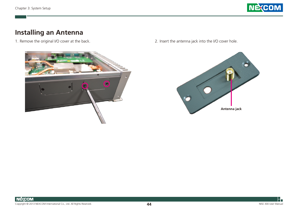 Installing an antenna | NEXCOM NISE 300 User Manual | Page 58 / 95