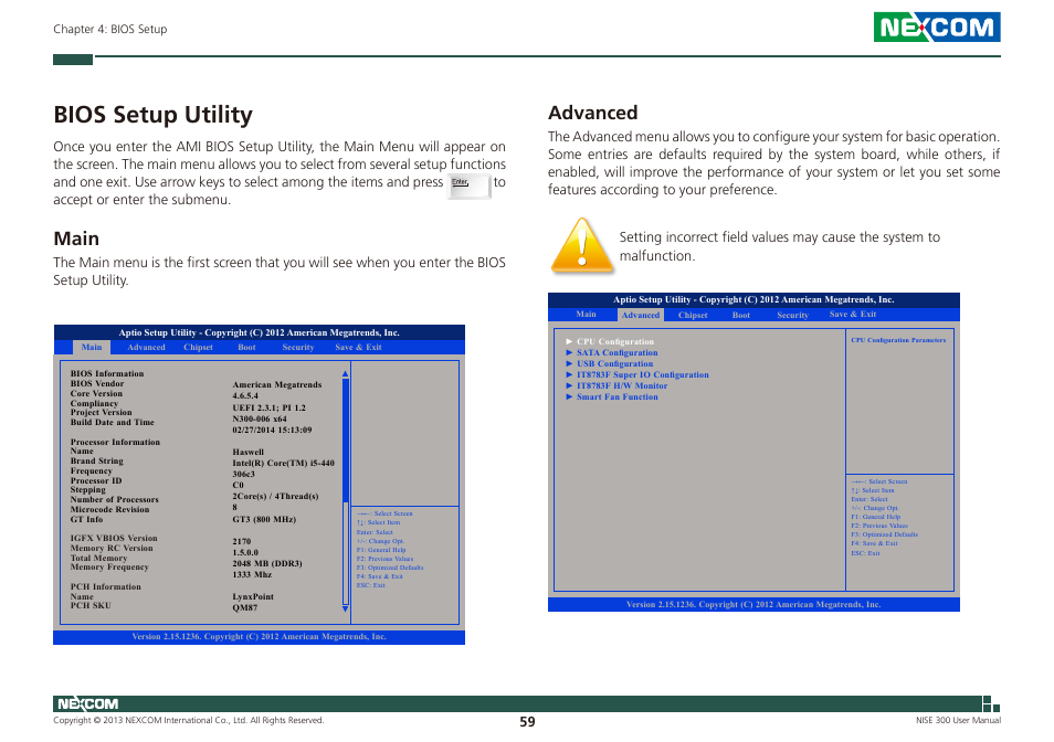 Bios setup utility, Main, Advanced | Main advanced | NEXCOM NISE 300 User Manual | Page 73 / 95