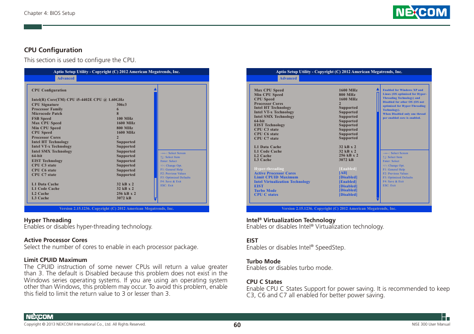 Cpu configuration | NEXCOM NISE 300 User Manual | Page 74 / 95