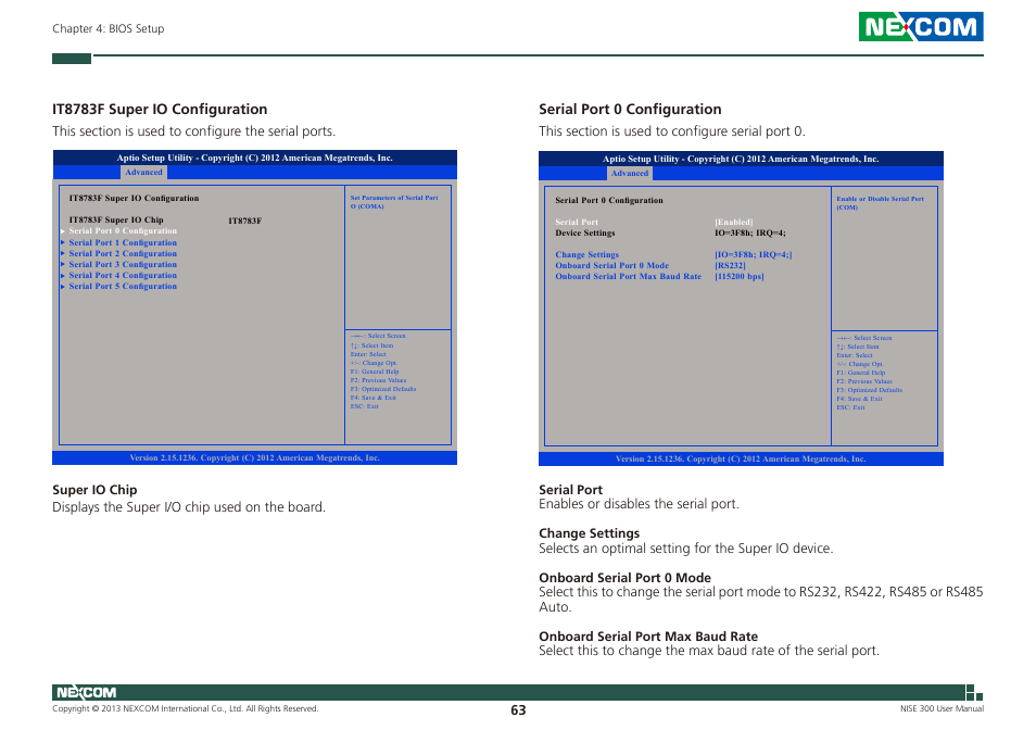 It8783f super io configuration, Serial port 0 configuration | NEXCOM NISE 300 User Manual | Page 77 / 95