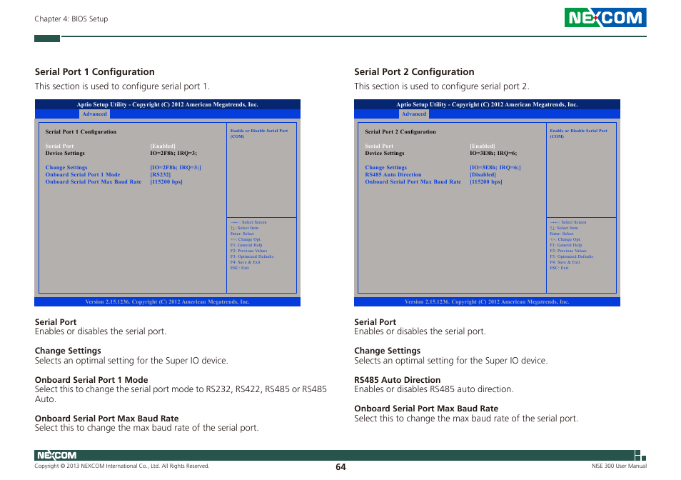 Serial port 1 configuration, Serial port 2 configuration | NEXCOM NISE 300 User Manual | Page 78 / 95