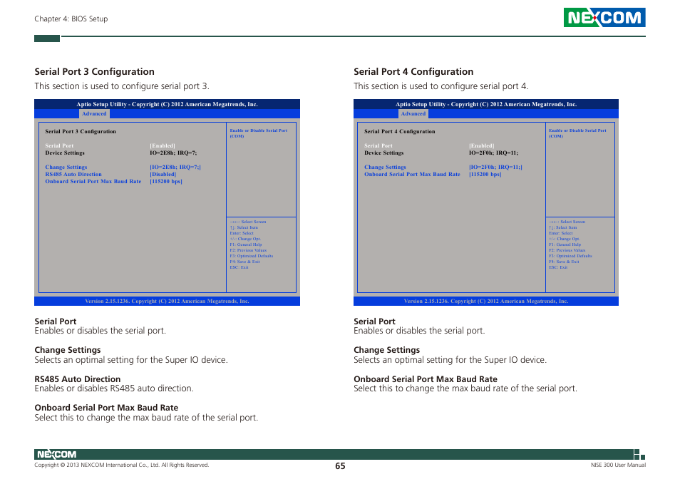 Serial port 3 configuration, Serial port 4 configuration | NEXCOM NISE 300 User Manual | Page 79 / 95