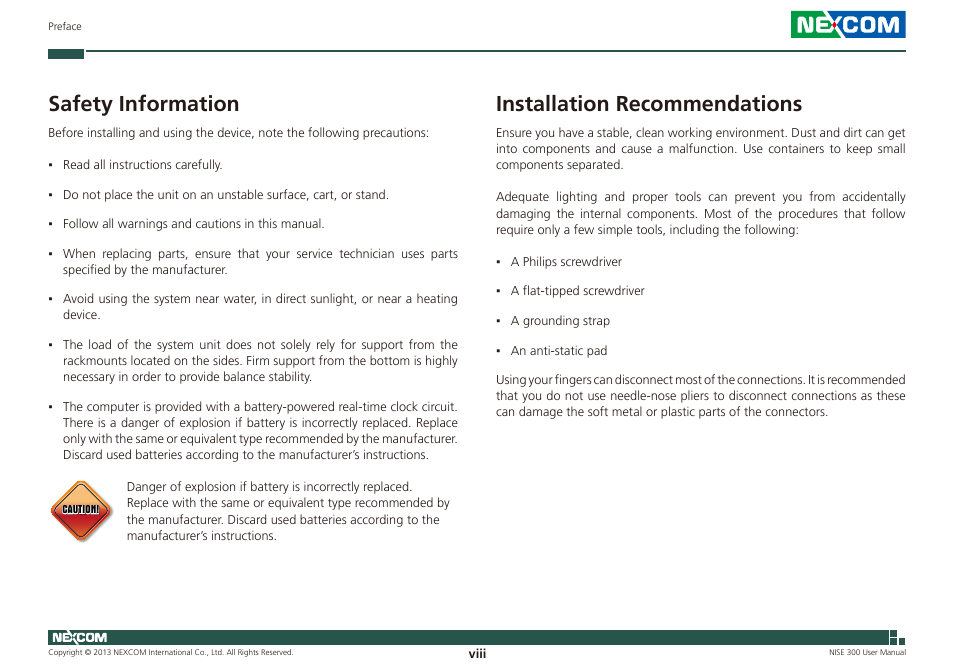 Safety information, Installation recommendations | NEXCOM NISE 300 User Manual | Page 8 / 95