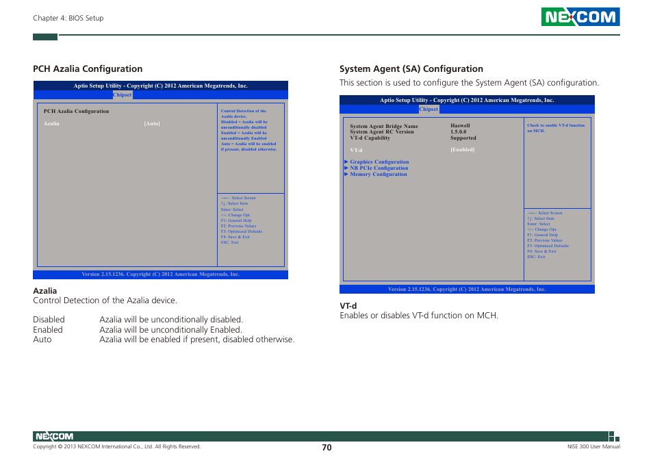 Pch azalia configuration, System agent (sa) configuration | NEXCOM NISE 300 User Manual | Page 84 / 95