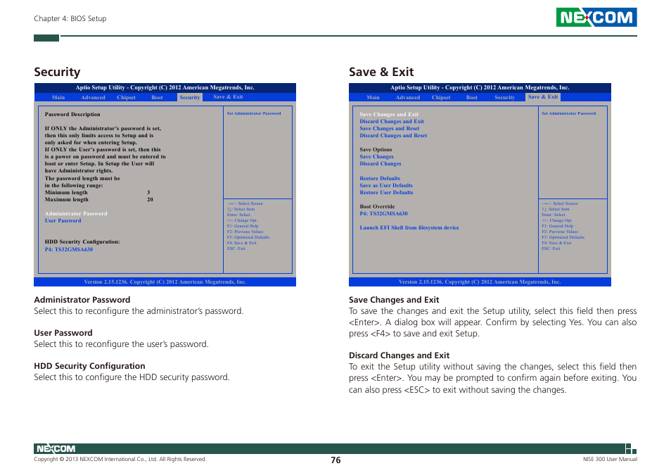 Security, Save & exit, Security save & exit | NEXCOM NISE 300 User Manual | Page 90 / 95