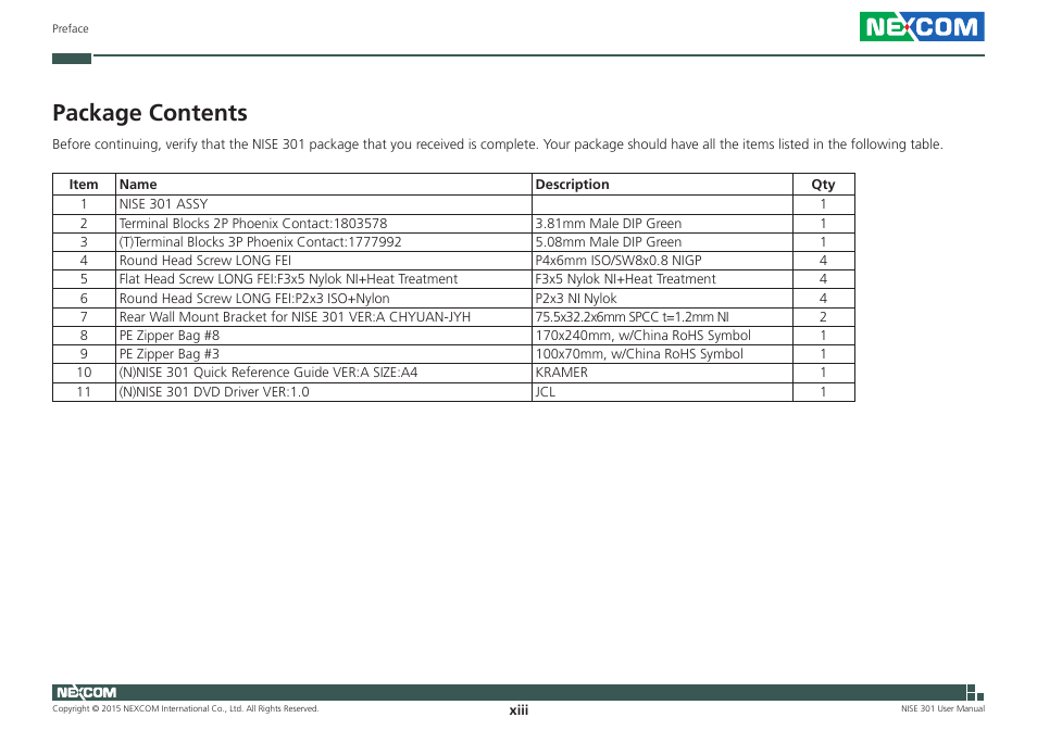 Package contents | NEXCOM NISE 301 User Manual | Page 13 / 74