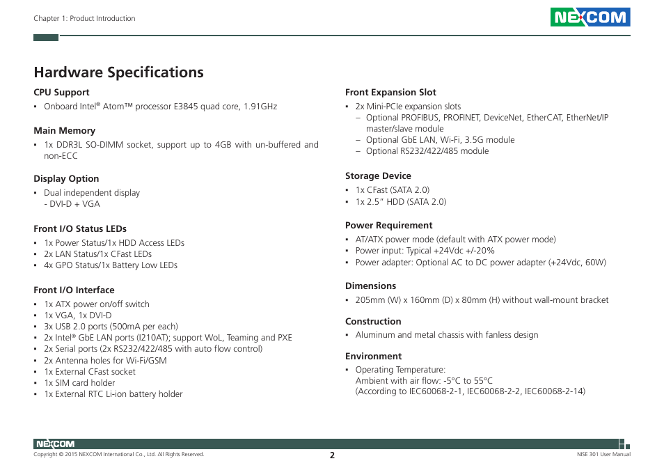 Hardware specifications | NEXCOM NISE 301 User Manual | Page 16 / 74