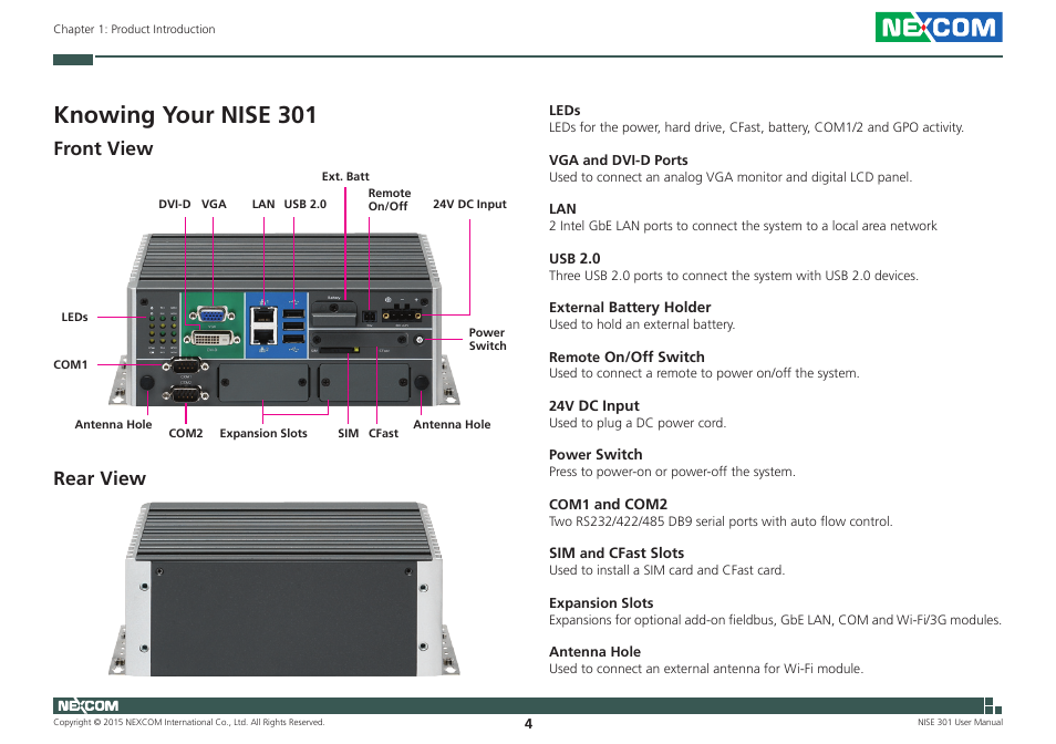 Knowing your nise 301, Front view, Rear view | Front view rear view | NEXCOM NISE 301 User Manual | Page 18 / 74