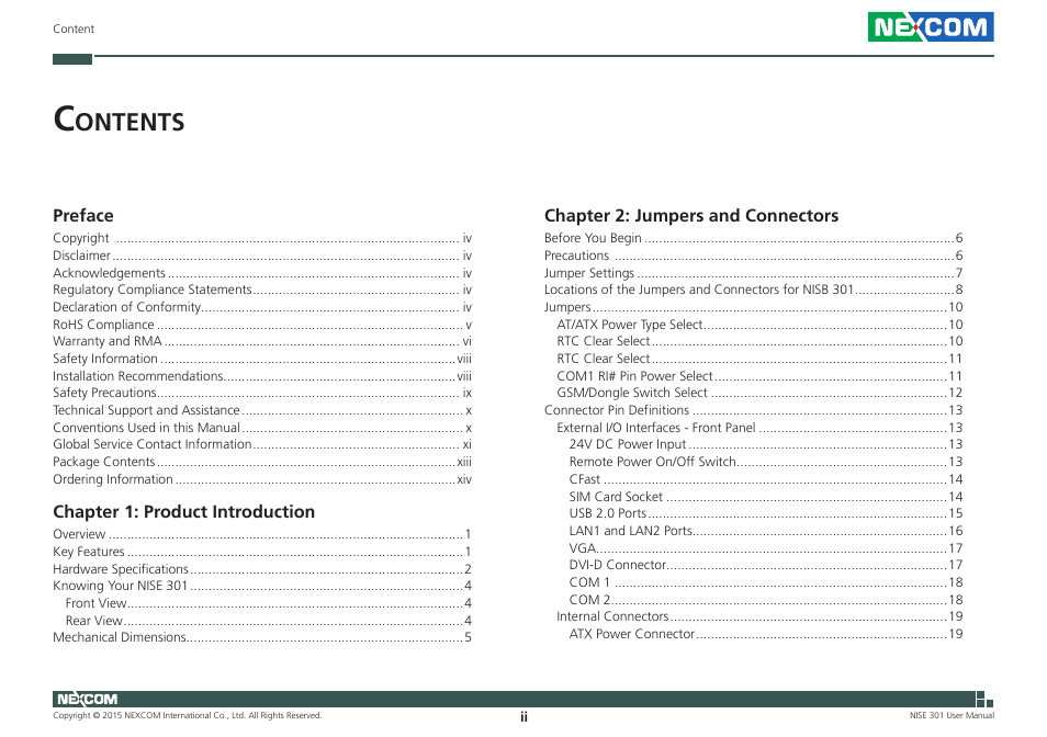 Ontents | NEXCOM NISE 301 User Manual | Page 2 / 74