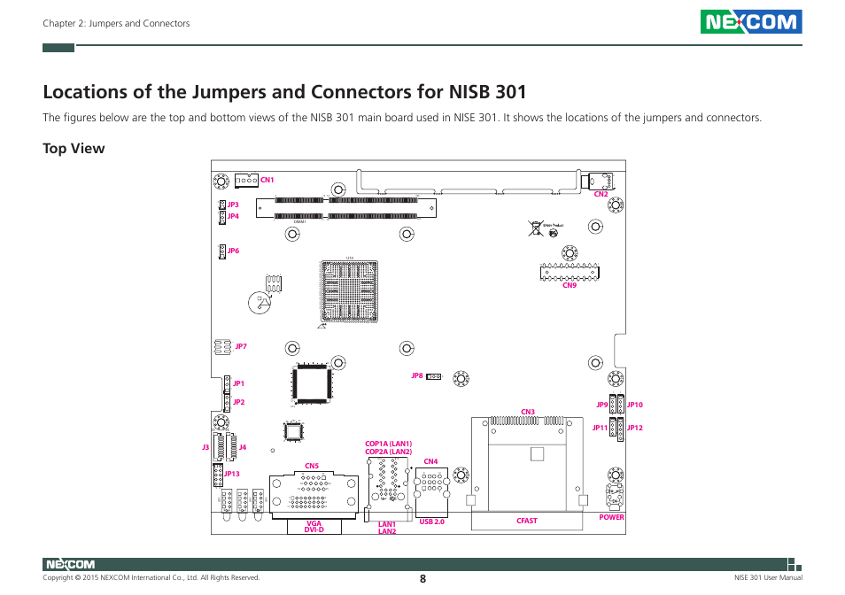 Top view, Chapter 2: jumpers and connectors, Nise 301 user manual | Jp10, Jp12, Jp8 cn2 cn9 | NEXCOM NISE 301 User Manual | Page 22 / 74