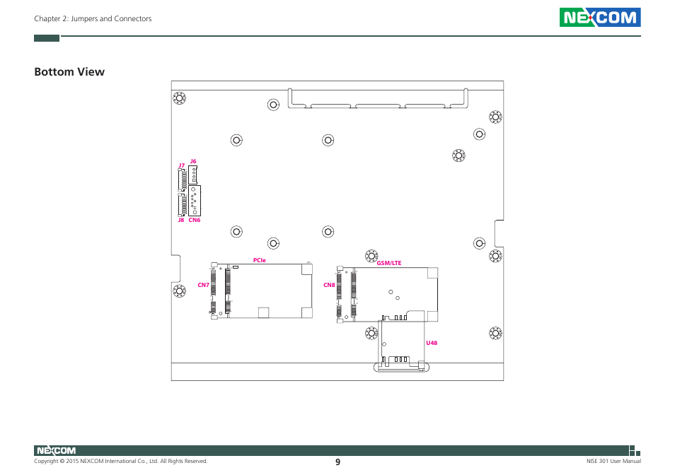 Bottom view, Chapter 2: jumpers and connectors | NEXCOM NISE 301 User Manual | Page 23 / 74