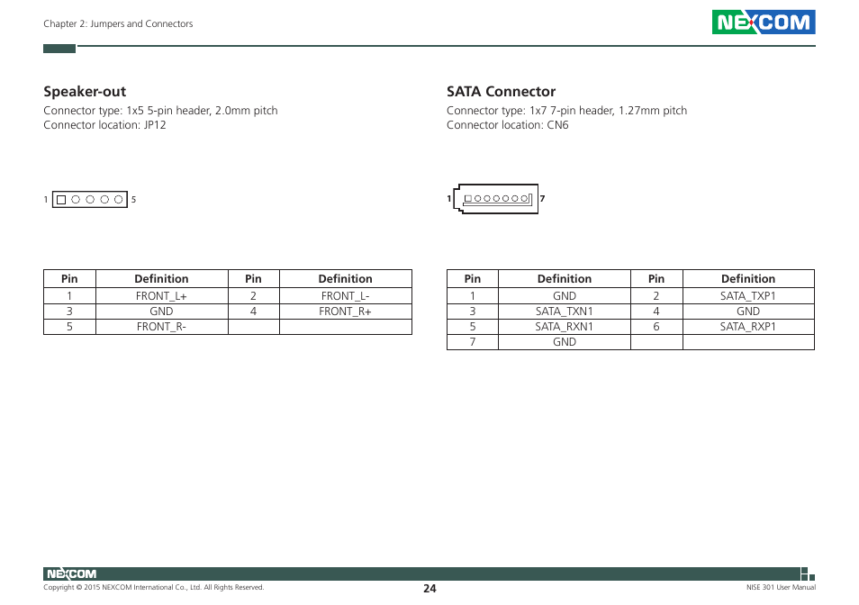 Speaker-out, Sata connector, Speaker-out sata connector | NEXCOM NISE 301 User Manual | Page 38 / 74