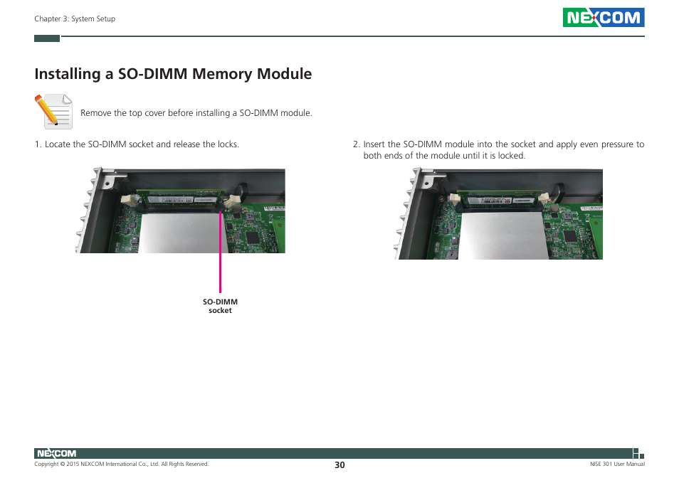 Installing a so-dimm memory module | NEXCOM NISE 301 User Manual | Page 44 / 74