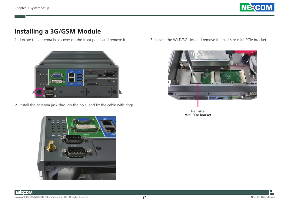 Installing a 3g/gsm module | NEXCOM NISE 301 User Manual | Page 45 / 74