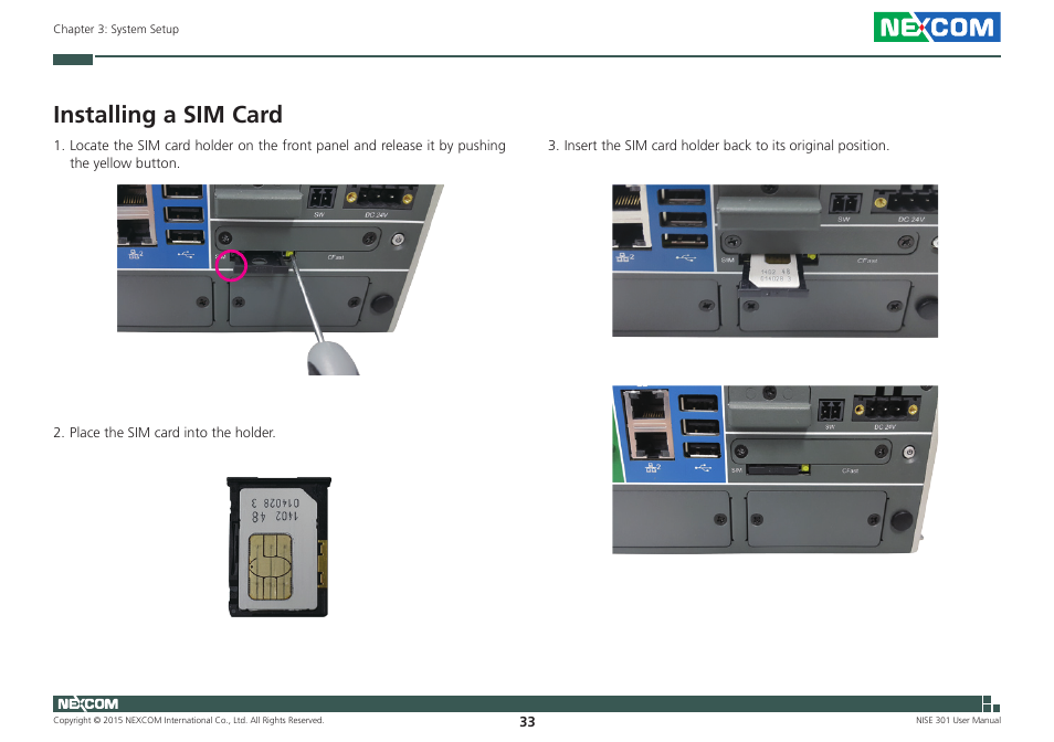 Installing a sim card | NEXCOM NISE 301 User Manual | Page 47 / 74