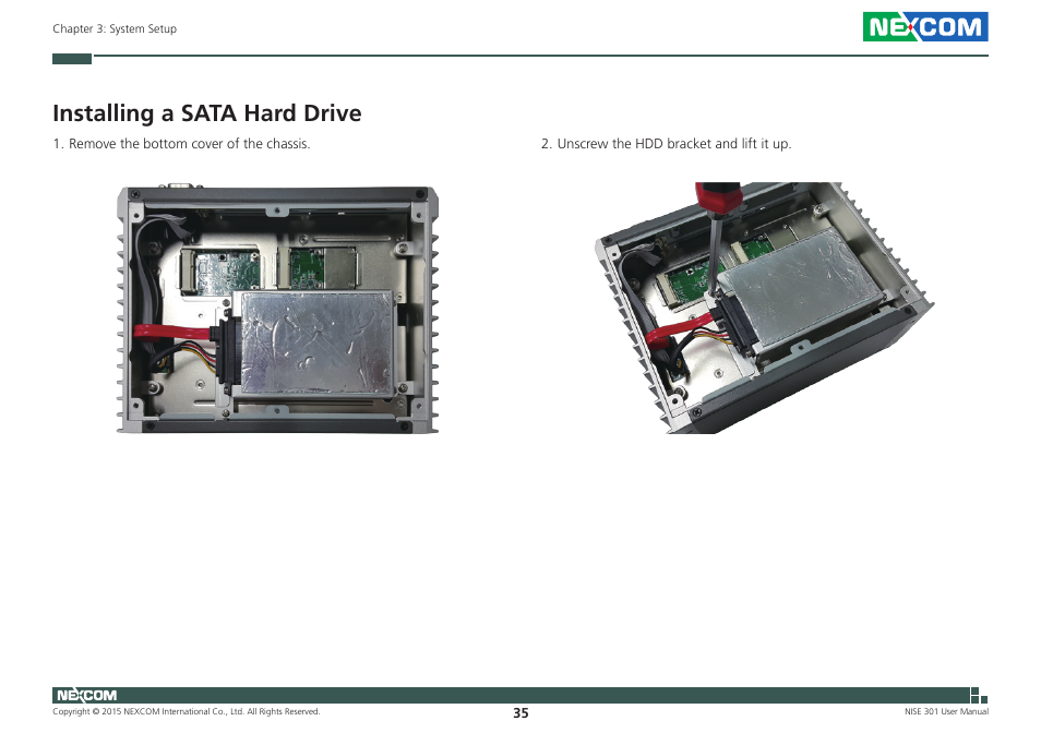 Installing a sata hard drive | NEXCOM NISE 301 User Manual | Page 49 / 74