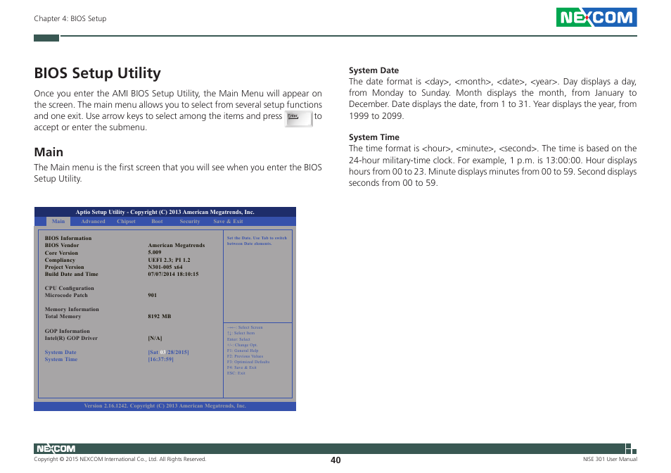 Bios setup utility, Main | NEXCOM NISE 301 User Manual | Page 54 / 74
