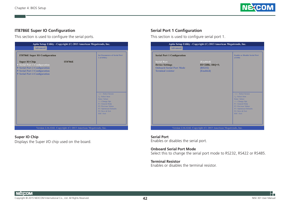 It8786e super io configuration, Serial port 1 configuration | NEXCOM NISE 301 User Manual | Page 56 / 74