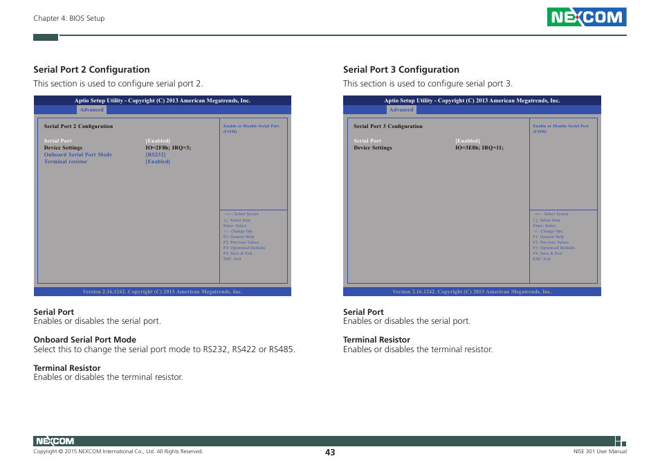 Serial port 2 configuration, Serial port 3 configuration | NEXCOM NISE 301 User Manual | Page 57 / 74