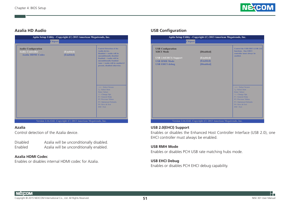 Azalia hd audio, Usb configuration | NEXCOM NISE 301 User Manual | Page 65 / 74