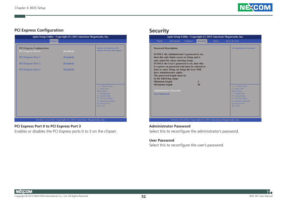 Security, Pci express configuration | NEXCOM NISE 301 User Manual | Page 66 / 74