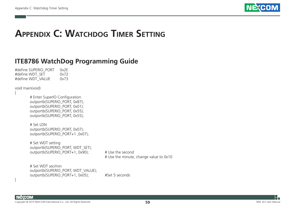 Appendix c: watchdog timer setting, C: w, Ppendix | Atchdog, Imer, Etting, Ite8786 watchdog programming guide | NEXCOM NISE 301 User Manual | Page 73 / 74