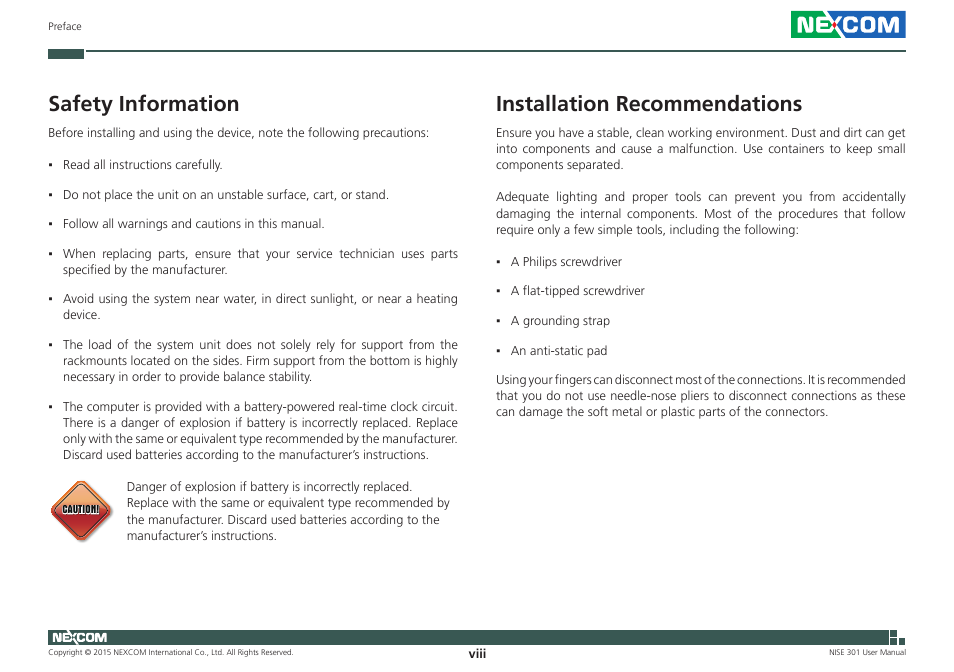 Safety information, Installation recommendations | NEXCOM NISE 301 User Manual | Page 8 / 74