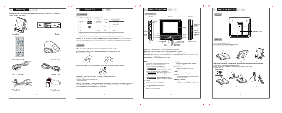 Unpacking, Views of the main unit, Main unit | 000 scale | COBY electronic TF-DVD5050 User Manual | Page 2 / 6