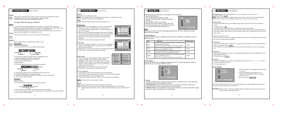 Function buttons setup menu setup menu, Function buttons | COBY electronic TF-DVD5050 User Manual | Page 5 / 6