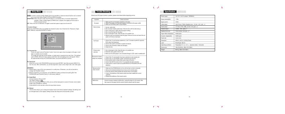 Setup menu trouble shooting, Specification | COBY electronic TF-DVD5050 User Manual | Page 6 / 6