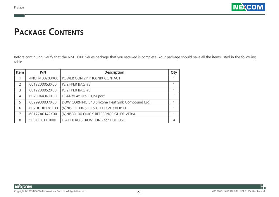 Ackage, Ontents | NEXCOM NISE 3100eP2 User Manual | Page 12 / 75