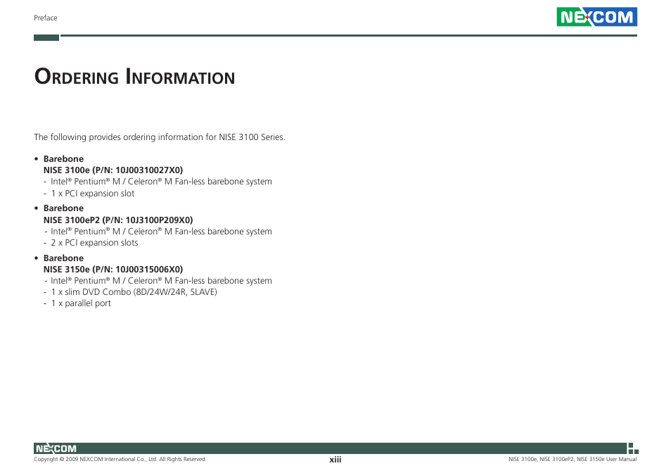 Rdering, Nformation | NEXCOM NISE 3100eP2 User Manual | Page 13 / 75