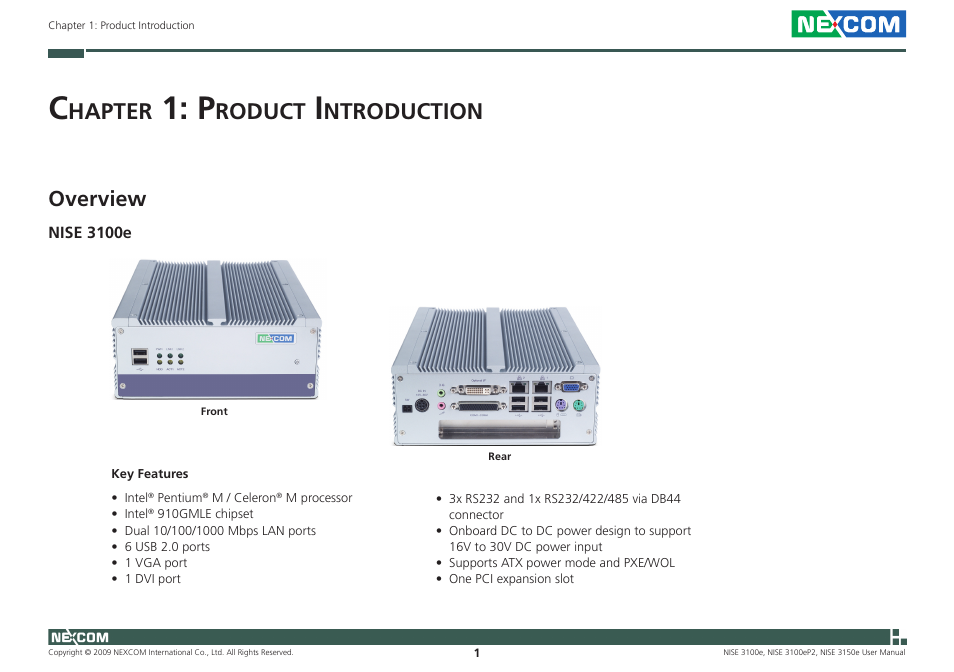 Hapter, Roduct, Ntroduction | Overview | NEXCOM NISE 3100eP2 User Manual | Page 14 / 75