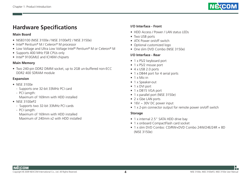 Hardware specifications | NEXCOM NISE 3100eP2 User Manual | Page 17 / 75