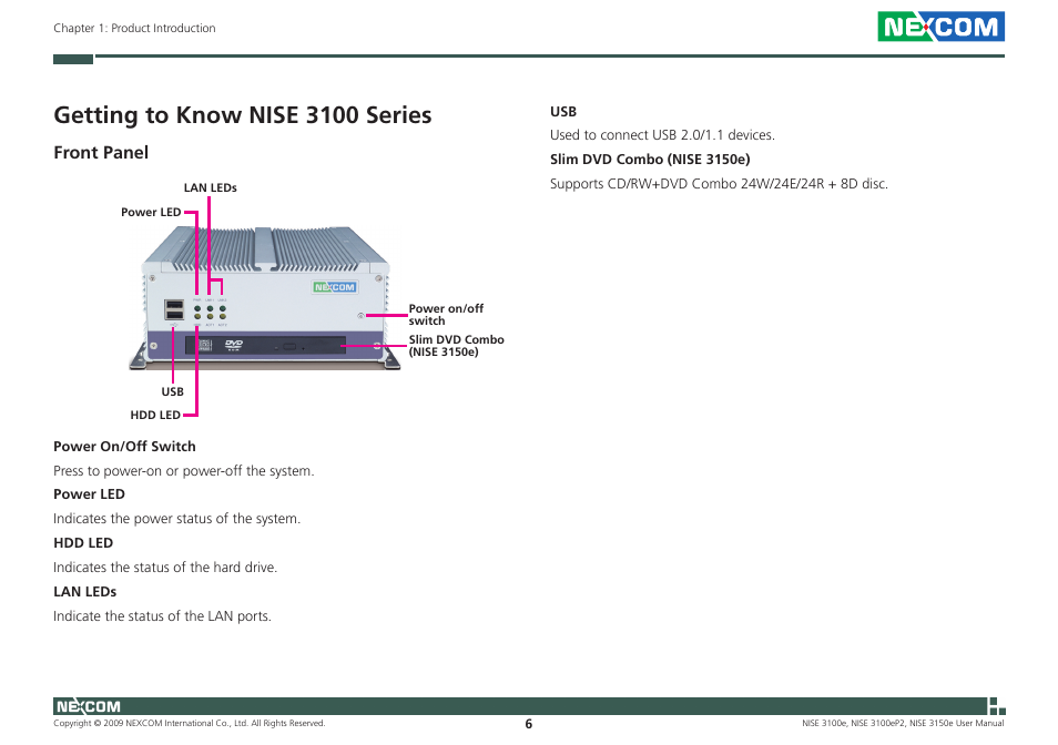 Getting to know nise 3100 series, Front panel | NEXCOM NISE 3100eP2 User Manual | Page 19 / 75