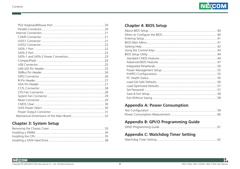 Chapter 3: system setup, Chapter 4: bios setup, Appendix a: power consumption | Appendix b: gpi/o programming guide, Appendix c: watchdog timer setting | NEXCOM NISE 3100eP2 User Manual | Page 3 / 75