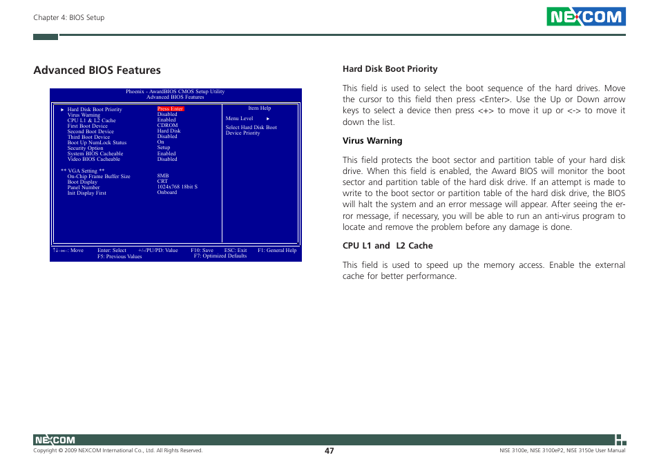 Advanced bios features | NEXCOM NISE 3100eP2 User Manual | Page 60 / 75