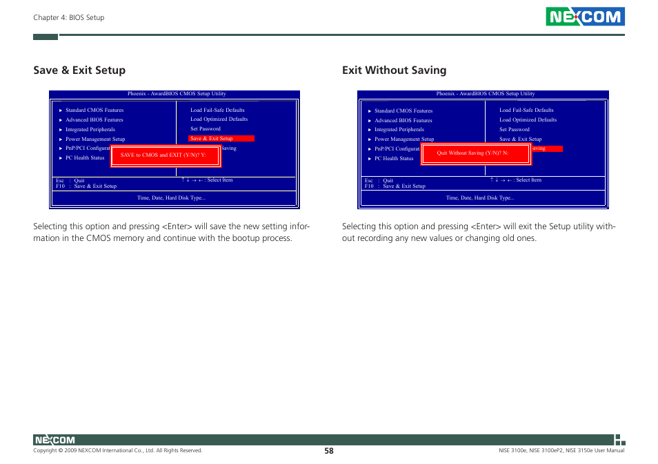Save & exit setup, Exit without saving | NEXCOM NISE 3100eP2 User Manual | Page 71 / 75