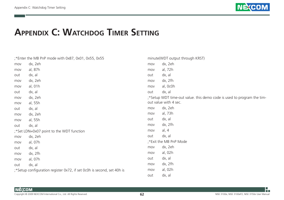 C: w, Ppendix, Atchdog | Imer, Etting | NEXCOM NISE 3100eP2 User Manual | Page 75 / 75