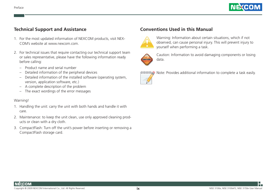 Conventions used in this manual, Technical support and assistance | NEXCOM NISE 3100eP2 User Manual | Page 9 / 75