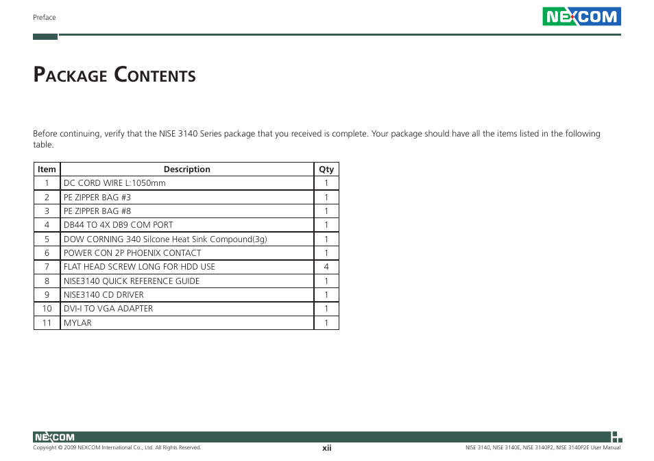 Ackage, Ontents | NEXCOM NISE 3140 User Manual | Page 12 / 88