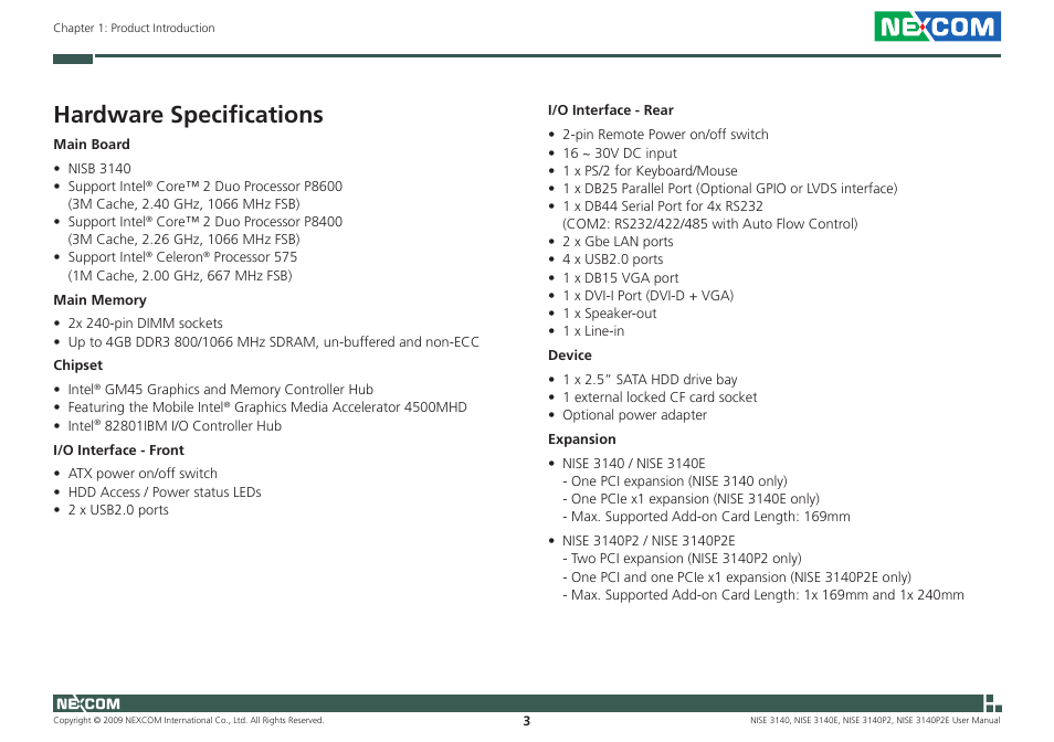Hardware specifications | NEXCOM NISE 3140 User Manual | Page 16 / 88