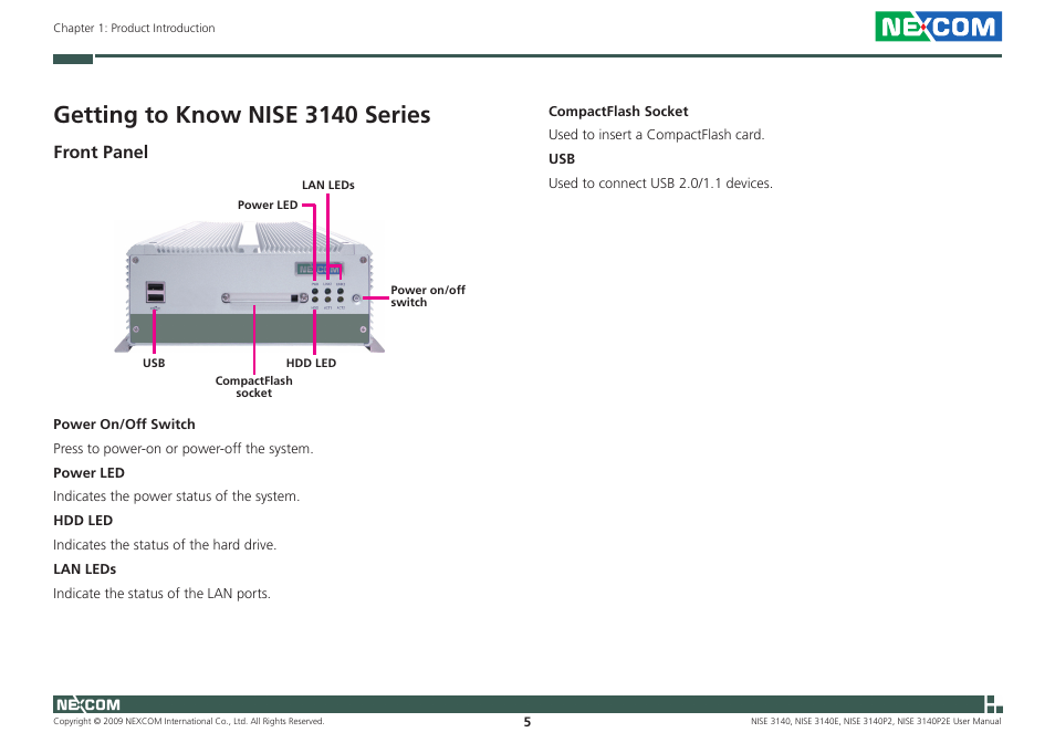 Getting to know nise 3140 series, Front panel | NEXCOM NISE 3140 User Manual | Page 18 / 88