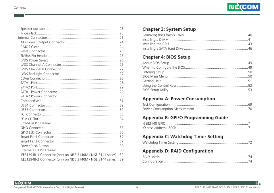 Chapter 3: system setup, Chapter 4: bios setup, Appendix a: power consumption | Appendix b: gpi/o programming guide, Appendix c: watchdog timer setting, Appendix d: raid configuration | NEXCOM NISE 3140 User Manual | Page 3 / 88