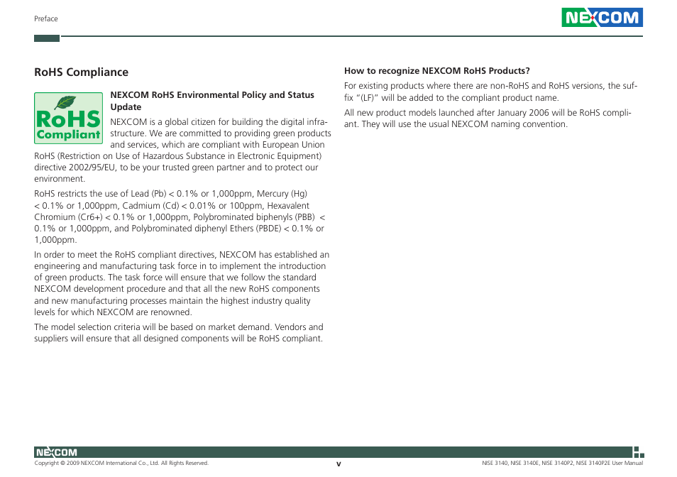 Rohs compliance | NEXCOM NISE 3140 User Manual | Page 5 / 88
