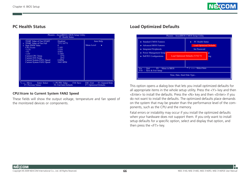 Pc health status, Load optimized defaults | NEXCOM NISE 3140 User Manual | Page 79 / 88