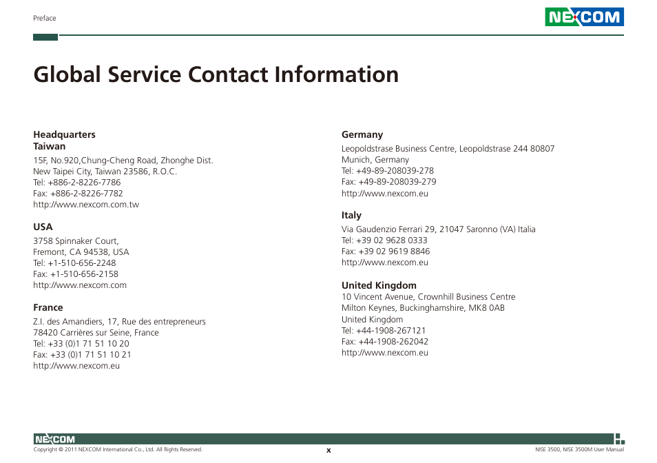 Global service contact information | NEXCOM NISE 3500 User Manual | Page 10 / 120