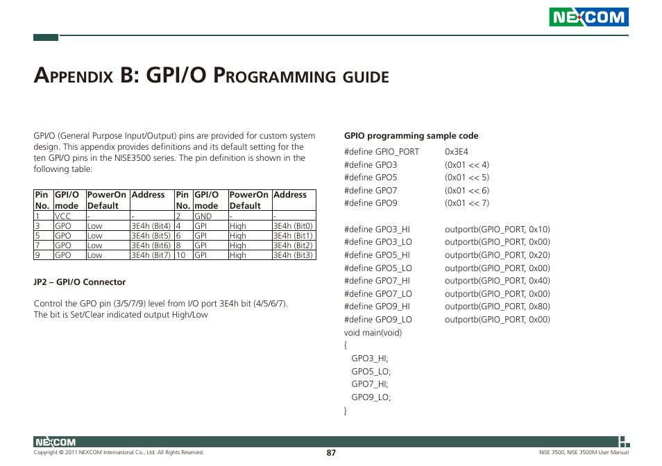 B: gpi/o p, Ppendix, Rogramming | Guide | NEXCOM NISE 3500 User Manual | Page 100 / 120